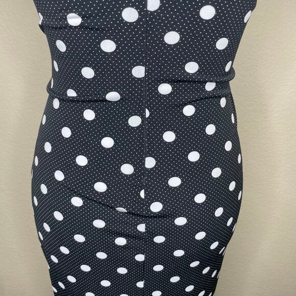 Dress Barn Vintage Black White Polka Dot Ruched Waist Cap Sleeve Midi Dress Sz 4 - Picture 7 of 13